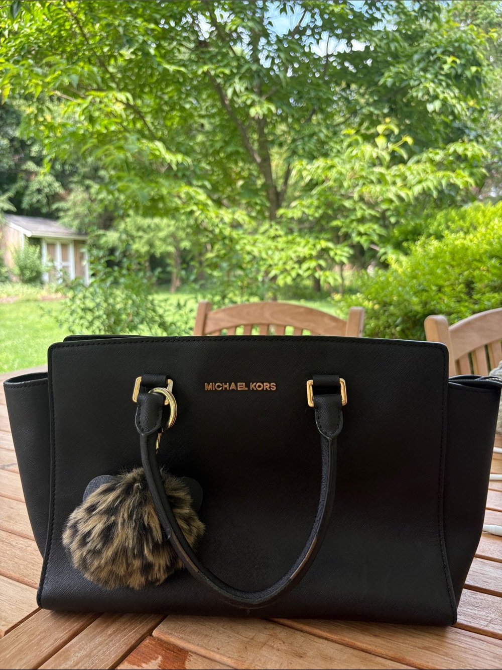 Michael Kors Black Saffiano Tote with Faux Fur Pom